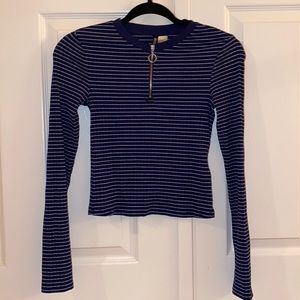 NWOT H&M Blue and White Striped Ribbed Quarter Zip Top